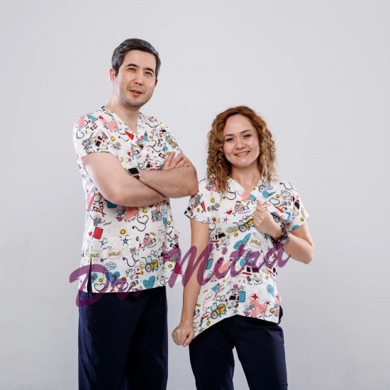 Beyaz Ambulans Desenli Likralı (Esnek) Greys (Yarasa Kol) Cerrahi Takım