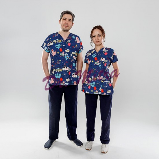 Mavi Ambulans Desenli Likralı (Esnek) Greys (Yarasa Kol) Cerrahi Takım Mavi Ambulans Desenli Likralı (Esnek) Greys (Yarasa Kol) Cerrahi Takım