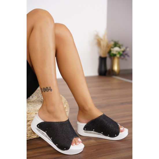 Hogi Yandan Açık Airmax Ortopedik Düz Siyah Hasır | Sabo Terlik Dünyası