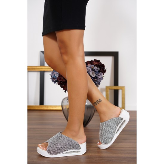 Hogi Yandan Açık Airmax Ortopedik Düz Gümüş Hasır| Sabo Terlik Dünyası